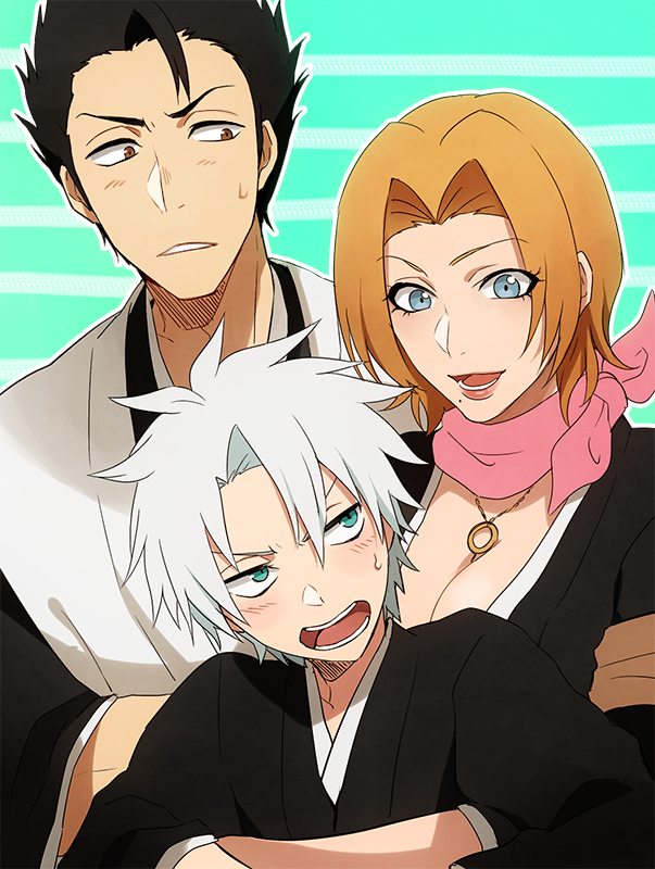 2boys, alternate_hair_length, alternate_hairstyle, aqua_eyes, bleach, blue_eyes, blush, breasts