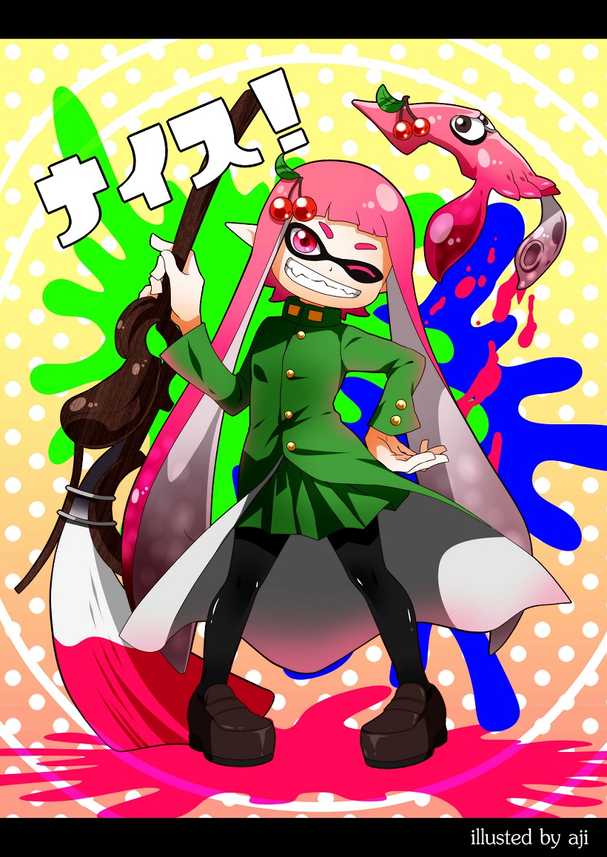 1girl, aji_(coastal_area), artist_name, chain, cherry, domino_mask, engrish, fangs
