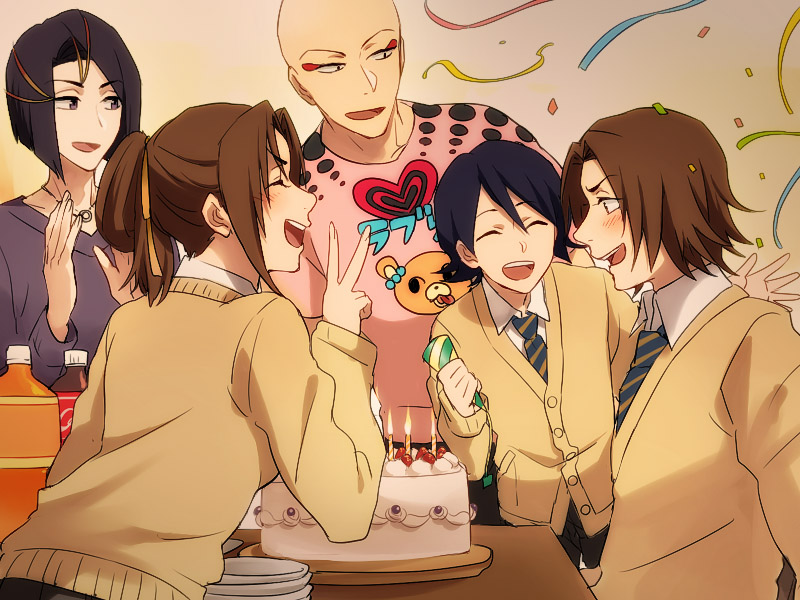 :d, asano_keigo, asano_mizuho, ayasegawa_yumichika, bald, birthday_cake, bleach, blush, brown_hair, cake, folded_ponytail, food, jewelry, kojima_mizuiro, madarame_ikkaku, necklace, necktie, nuku, open_mouth, party_popper, profile, school_uniform, smile, striped, striped_necktie, v