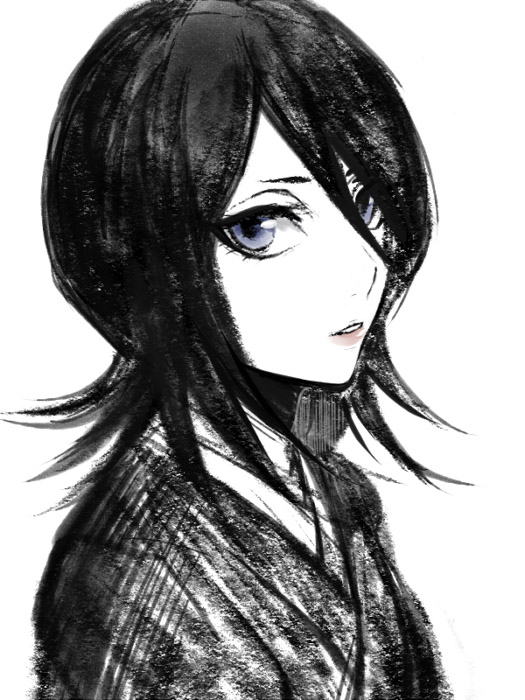1girl, black_eyes, black_hair, bleach, blue_eyes, hair_between_eyes, kuchiki_rukia, lips