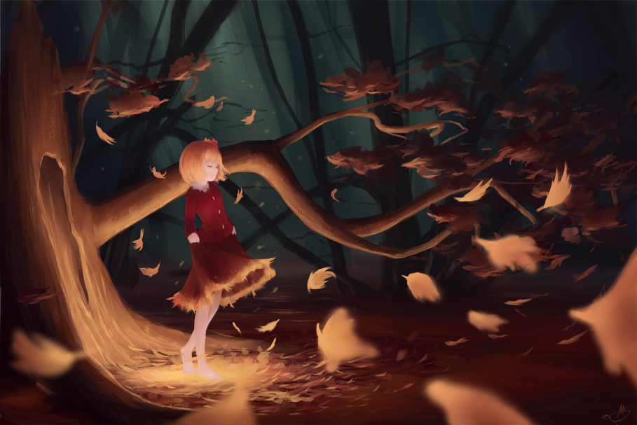 1girl, aki_shizuha, autumn_leaves, barefoot, blonde_hair, blurry, brown_skirt, closed_eyes
