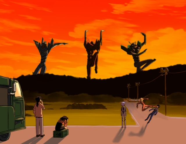 ayanami_rei, dynamic_entry, epic, eva_00, eva_01, eva_02, flying_kick, ikari_shinji, kaji_ryoji, kaji_ryouji, katsuragi_misato, kick, kicking, mecha, nanto_gokuto_ken, neon_genesis_evangelion, plugsuit, souryuu_asuka_langley, twilight