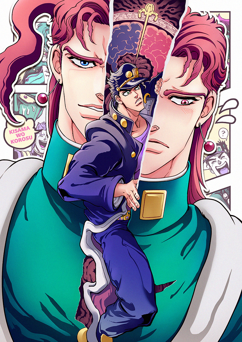 black_hair, blue_eyes, brain, closed_eyes, earrings, gakuran, green_eyes, hat, jewelry, jojo_no_kimyou_na_bouken, kakyouin_noriaki, kuujou_joutarou, mio_(gabriel), open_mouth, red_eyes, redhead, scarf, school_uniform, sweat