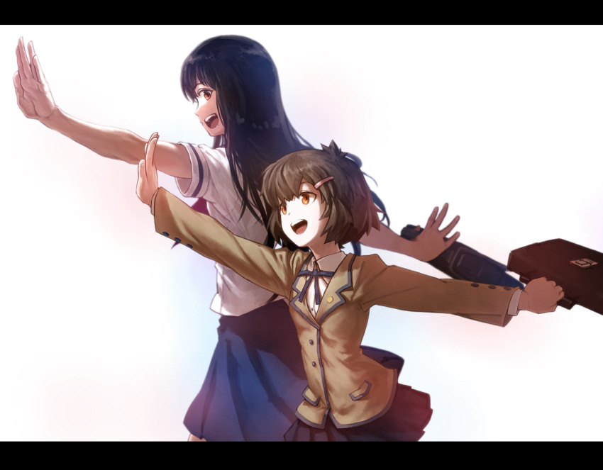 2girls, bag, black_hair, black_rock_shooter, blazer, bookbag, brown_eyes, hair_ornament