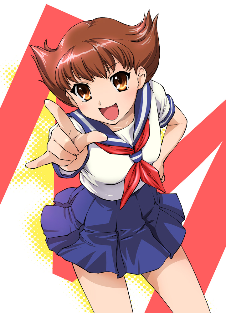 \m/, brown_hair, esper_mami, hand_on_hip, happy, leaning_forward, open_mouth, parody, sakura_mami, school_uniform, short_hair, skirt, smile, solo, suzumiya_haruhi_no_yuuutsu, ueyama_michirou