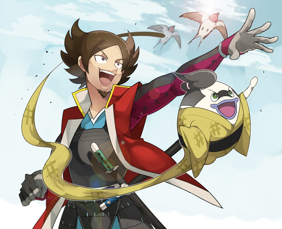 1boy, armor, barn_swallow, beard, bird, black_hair, blue_sky, brown_hair, facial_hair, ghost, gloves, green_eyes, ishida_mitsunari_(youkai_watch), japanese_armor, japanese_clothes, katana, kimono, kusazuri, lens_flare, male_focus, open_mouth, purple_lips, sheath, sheathed, sky, sword, tateshima, weapon, whisper_(youkai_watch), youkai, youkai_gunshi_whisbee, youkai_watch