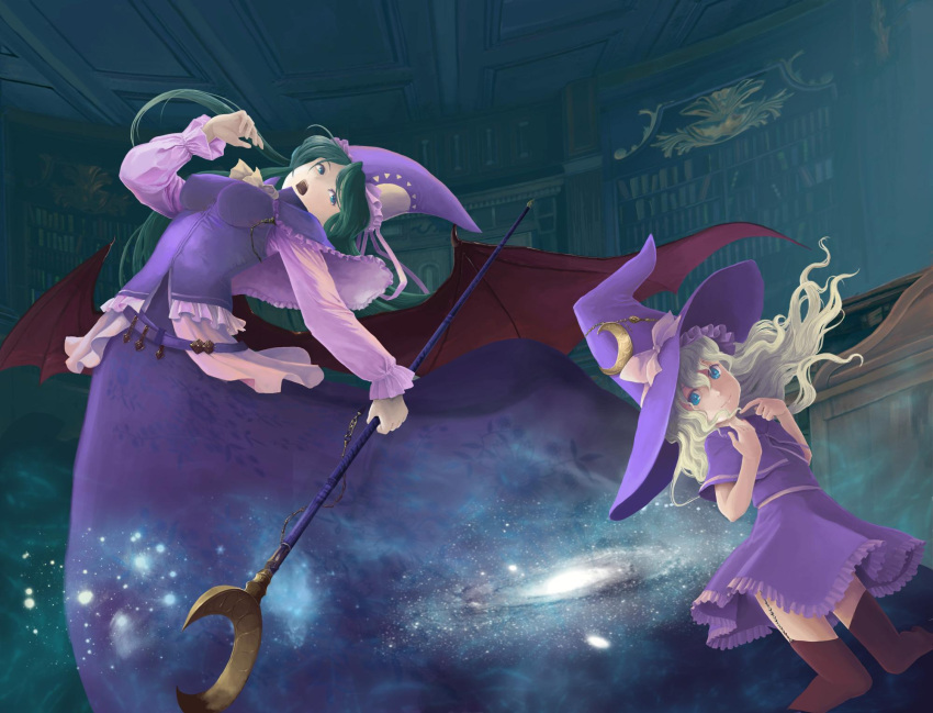 2girls, blonde_hair, blue_eyes, capelet, crescent, garter_straps, green_hair, hat