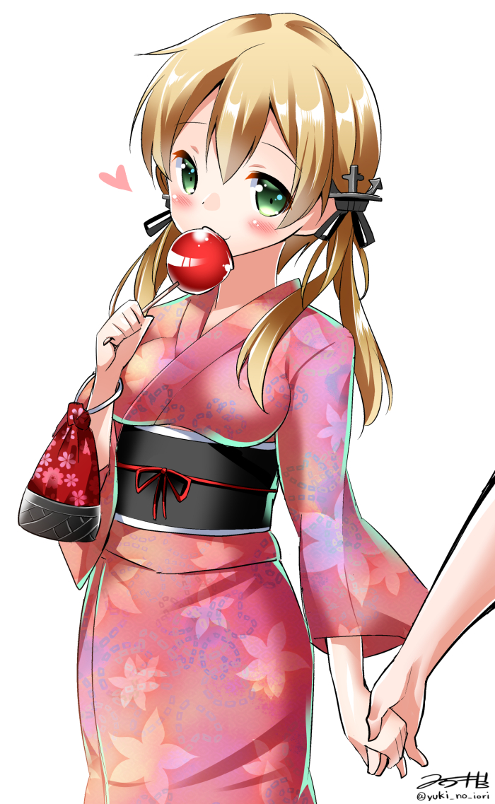 1girl, anchor_hair_ornament, blonde_hair, candy_apple, floral_print, green_eyes, hair_ornament, hair_ribbon