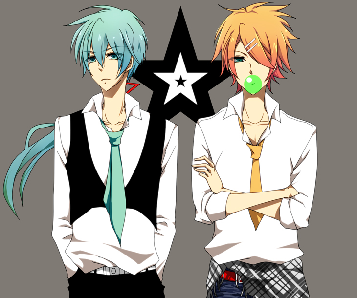 aqua_eyes, aqua_hair, blonde_hair, blue_eyes, bubblegum, crossed_arms, genderswap, hair_ornament