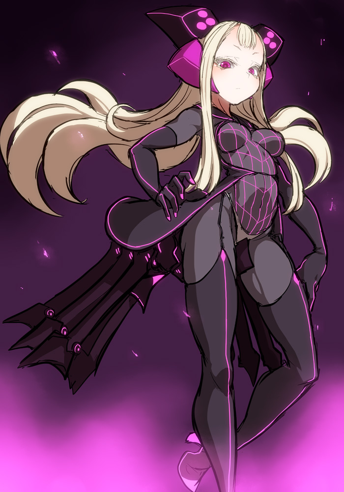 1girl, black_gloves, black_legwear, blonde_hair, bodysuit, boots, breasts, cleavage, elbow_gloves, energy, fog, garter_straps, gloves, hand_on_hip, headgear, high_heel_boots, high_heels, ken_(koala), legs, leotard, liz_(koala), long_hair, mechanical_legs, nail_polish, neon_trim, original, panties, pantyshot, pink_eyes, pink_nails, showgirl_skirt, sidelocks, solo, thigh-highs, thighs, underwear, very_long_hair