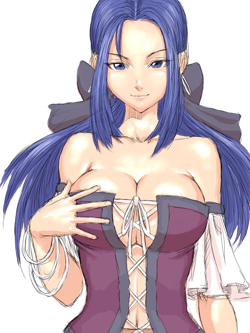 blue_eyes, blue_hair, bow, bracelet, breasts, cleavage, corset, detached_sleeves, dragon_quest, dragon_quest_ix, earrings, hair_bow, humio, jewelry, large_breasts, long_hair, ruida, simple_background, sketch, solo
