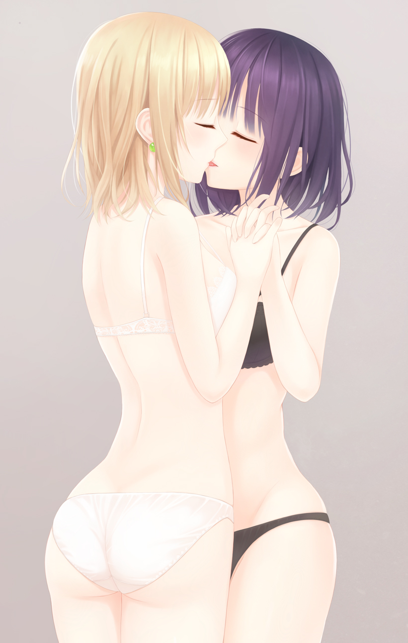 2girls, arched_back, bangs, black_bra, black_panties, blonde_hair, blunt_bangs, bra