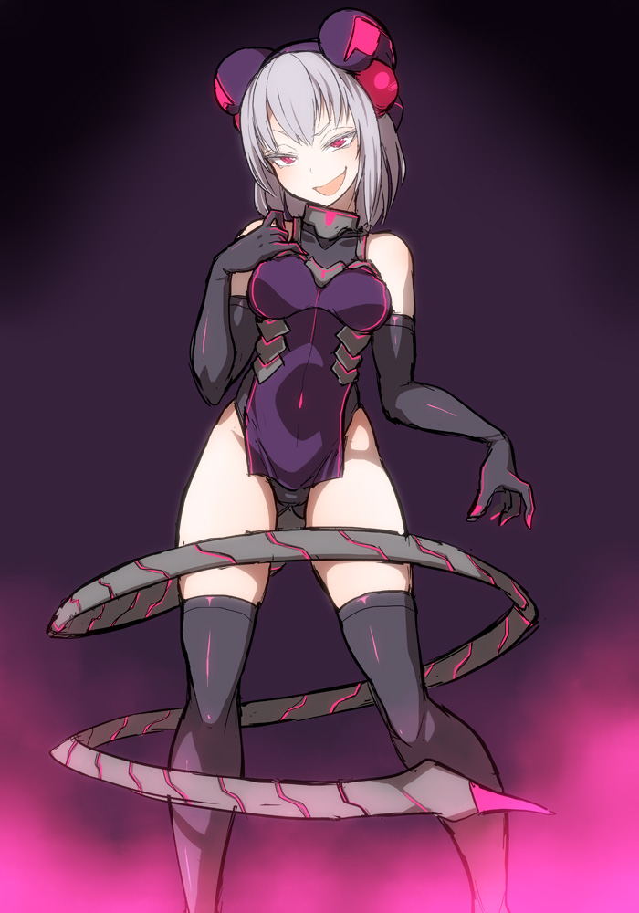 1girl, bare_shoulders, black_gloves, black_legwear, elbow_gloves, emile_(koala), gloves, grey_hair