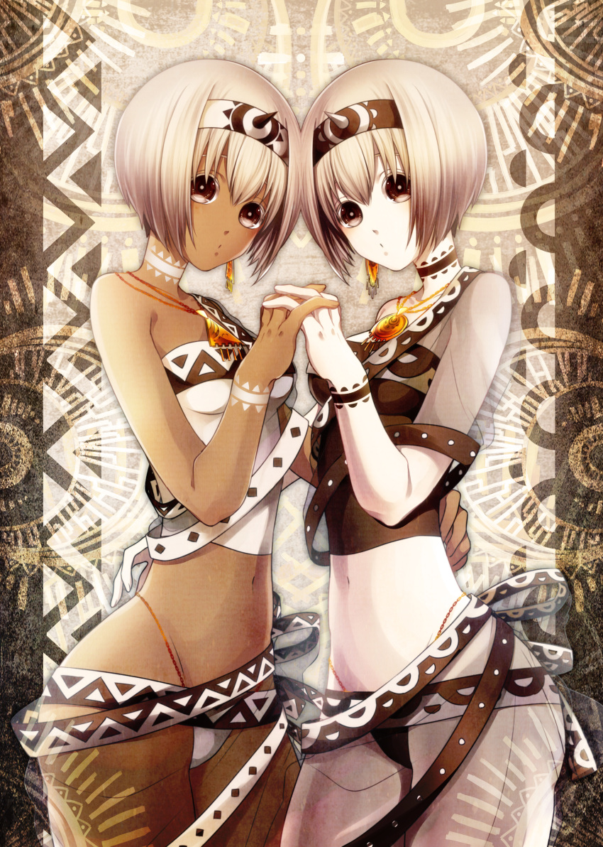 2girls, absurdres, bangs, bare_shoulders, black_panties, brown_eyes, chibi, closed_eyes, crop_top, dark_skin, earrings, head_tilt, head_to_head, headband, highleg, highleg_panties, highres, horns, indian_clothes, interlocked_fingers, jewelry, midriff, multiple_belts, multiple_girls, navel, panties, pendant, sarana, sari, see-through, shikimi_rau, short_hair, single_earring, small_breasts, tattoo, triangle, underwear, uruuru, utawareru_mono, utawareru_mono:_itsuwari_no_kamen, white_hair, white_panties