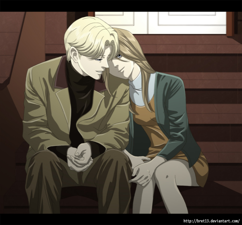 1boy, 1girl, anna_liebert, blonde_hair, blue_eyes, bret13, brother_and_sister, brown_hair, hands_together, head_on_shoulder, jacket, johan_liebert, letterboxed, monster_(manga), official_style, siblings, sitting, stairs, twins, watermark, web_address