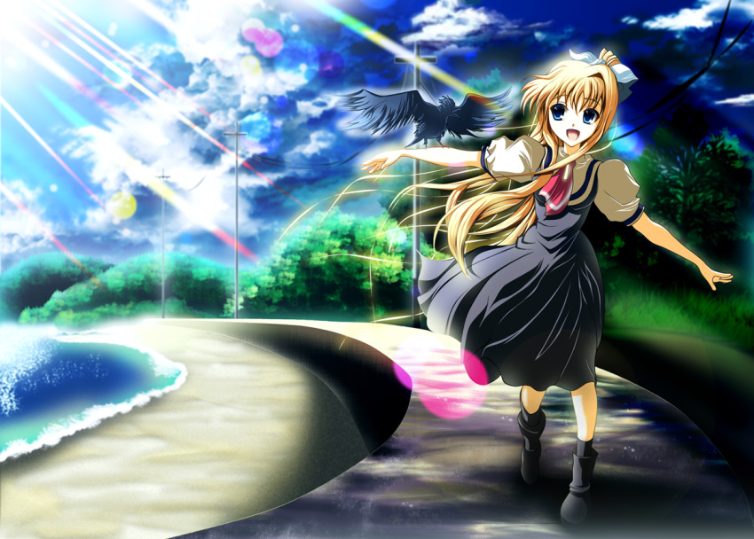 beach, bird, bird_on_arm, blonde_hair, blue_eyes, boon, cloud, crow