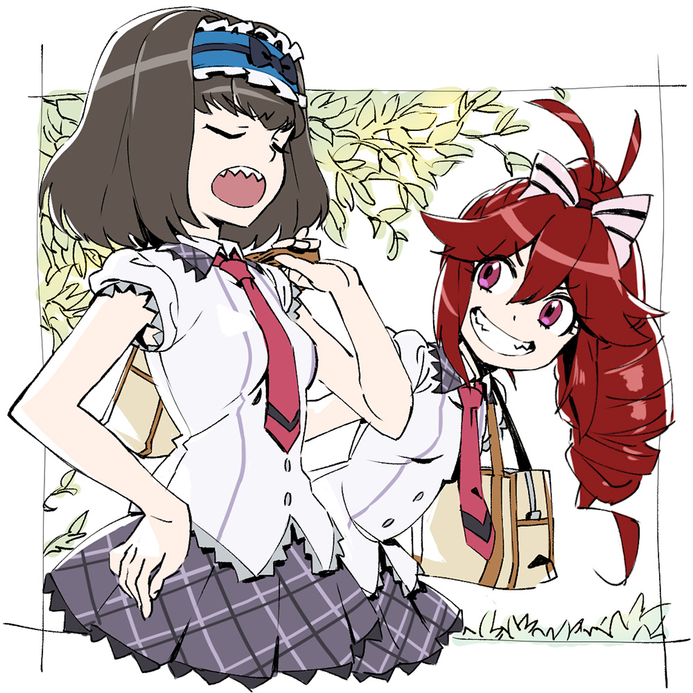 2girls, antenna_hair, black_hair, closed_eyes, drill_hair, garie_tuman, grin, hair_ribbon