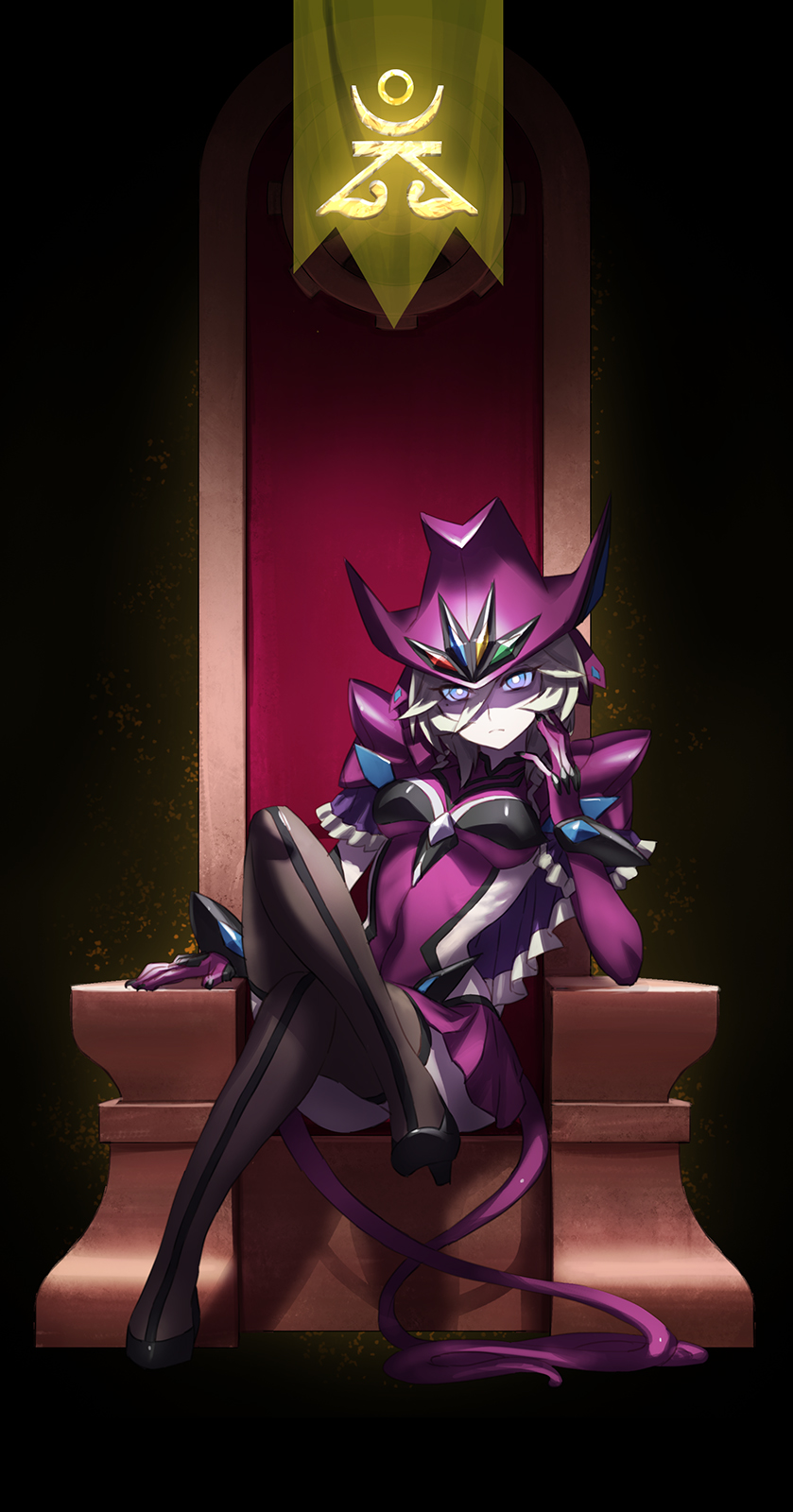1girl, black_legwear, blonde_hair, carol_malus_dienheim, crossed_legs, elbow_gloves, gloves, hat, helmet, high_heels, highres, murakami_hisashi, older, purple_gloves, senki_zesshou_symphogear, short_hair, solo, thigh-highs, throne, violet_eyes