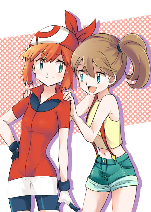 2girls, alternate_hairstyle, aqua_eyes, bandana, bike_shorts, brown_hair, cosplay, costume_switch