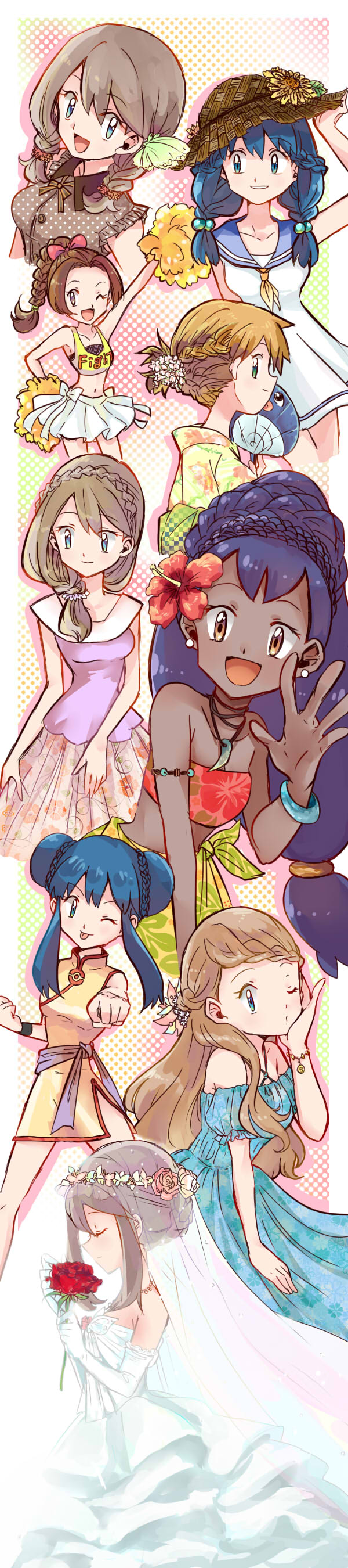 6+girls, absurdres, alternate_costume, alternate_hairstyle, cheerleader, china_dress, chinese_clothes, dark_skin, dress, elbow_gloves, fingerless_gloves, flower, gloves, haruka_(pokemon), hat, hat_flower, highres, hikari_(pokemon), iris_(pokemon), jewelry, kasumi_(pokemon), kotone_(pokemon), long_hair, long_image, multiple_girls, necklace, one_eye_closed, pokemon, pokemon_(anime), polka_dot, polka_dot_background, pom_poms, purple_hair, red_rose, rose, serena_(pokemon), straw_hat, tall_image, two_side_up, veil, very_long_hair, wedding_dress, yamakei3811