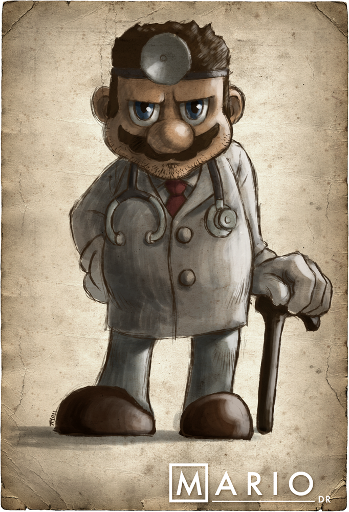 1boy, beard, blue_eyes, brown_hair, character_name, doctor, dr._mario, dr.mario