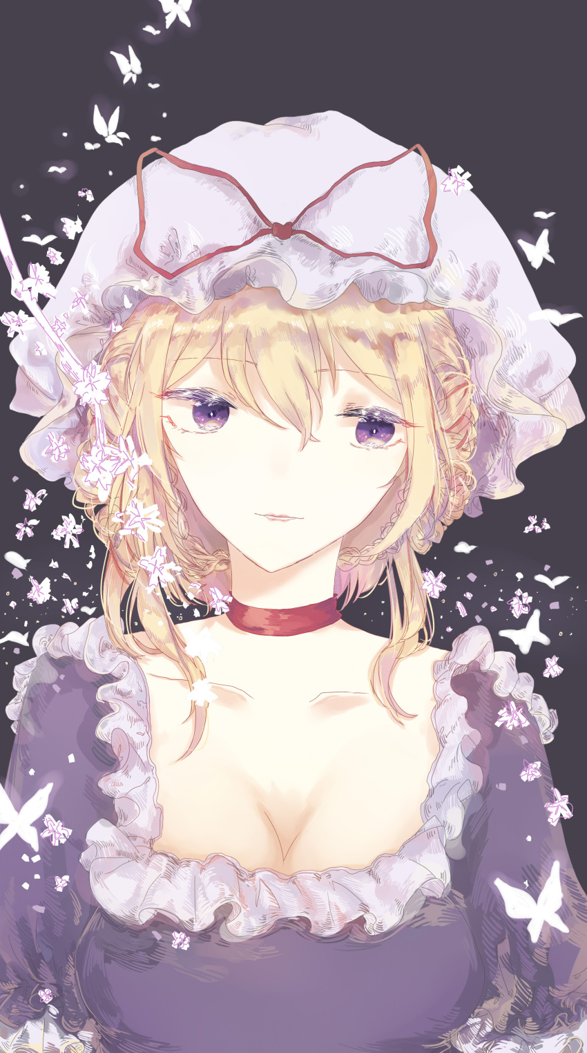 1girl, absurdres, alternate_hairstyle, blonde_hair, braid, breasts, butterfly, canothy