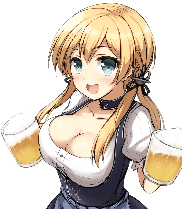 1girl, alcohol, alternate_costume, anchor_hair_ornament, beer, beer_mug, blonde_hair, breasts