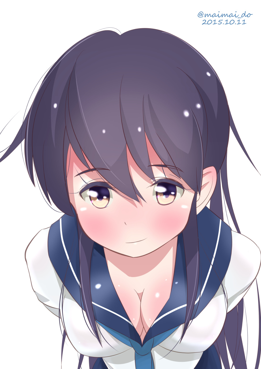 1girl, 2015, arms_behind_back, black_hair, blush, breasts, cleavage, dated, highres, kantai_collection, large_breasts, leaning_forward, light_smile, long_hair, looking_at_viewer, maimai_do, portrait, school_uniform, serafuku, simple_background, solo, speed, twitter_username, ushio_(kantai_collection), white_background
