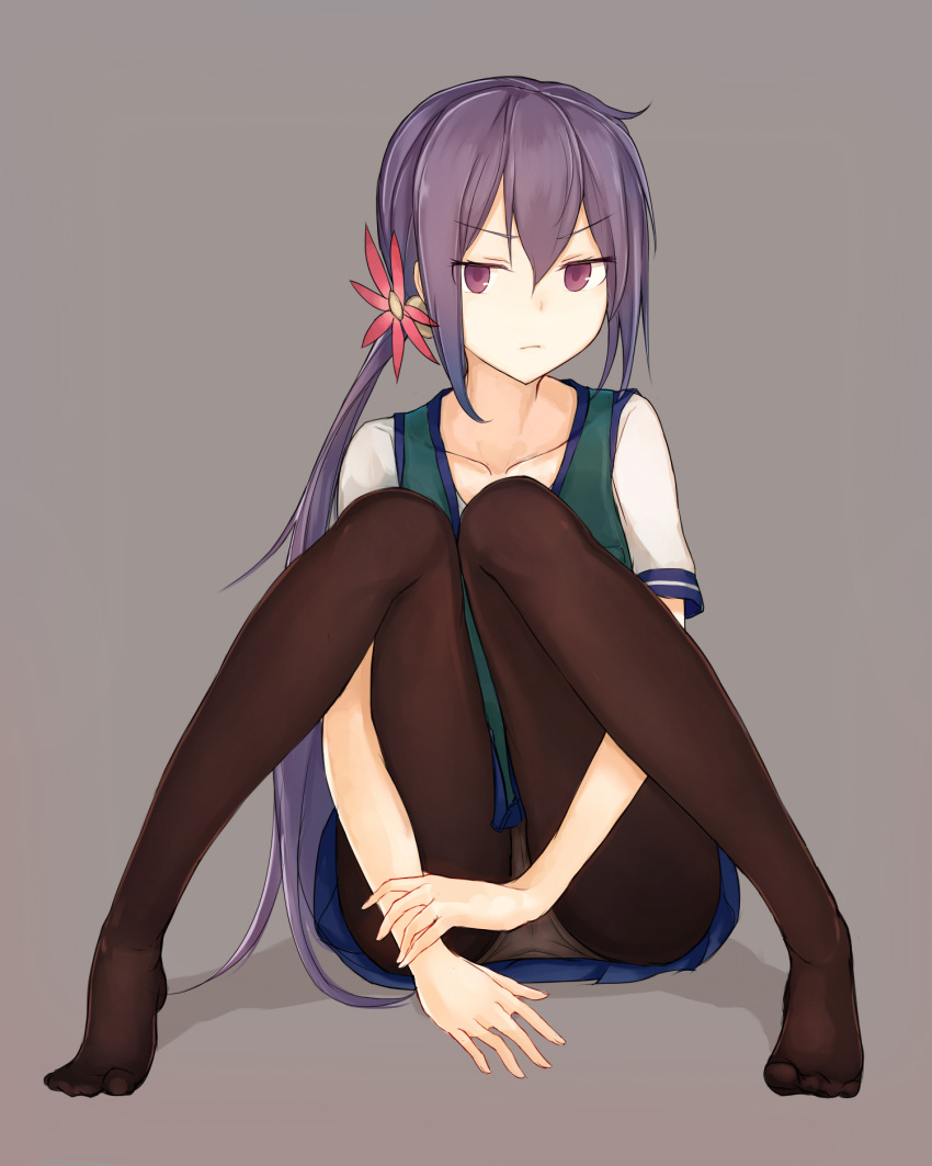 1girl, akebono_(kantai_collection), bell, black_legwear, flower, guanhian, hair_bell, hair_flower