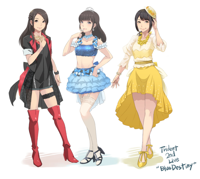 3girls, aoki_hagane_no_arpeggio, black_hair, bracelet, brown_eyes, crop_top, don_michael, dress, fuchigami_mai, hat, highres, jewelry, long_hair, looking_at_viewer, midriff, multiple_girls, numakura_manami, real_life, seiyuu, seiyuu_connection, short_hair, smile, thigh-highs, tiara, yamamura_hibiku_(seiyuu)