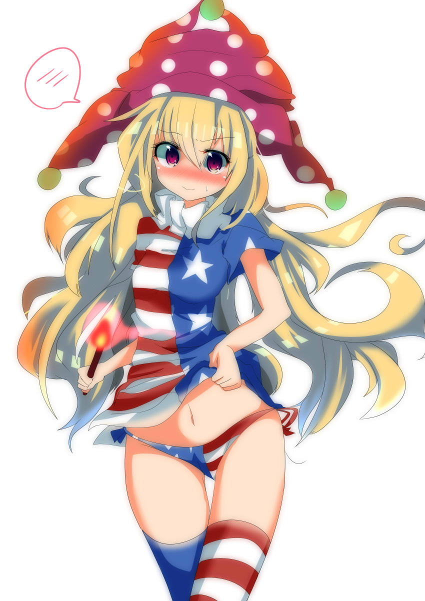 1girl, absurdres, alternate_legwear, american_flag_legwear, american_flag_panties, american_flag_shirt, blonde_hair, blush, clownpiece, dress, dress_lift, embarrassed, hat, highres, jester_cap, long_hair, no_pants, no_wings, panties, pantyshot, pantyshot_(standing), pink_eyes, print_panties, solo, spoken_blush, standing, te_toga, thigh-highs, touhou, underwear, very_long_hair