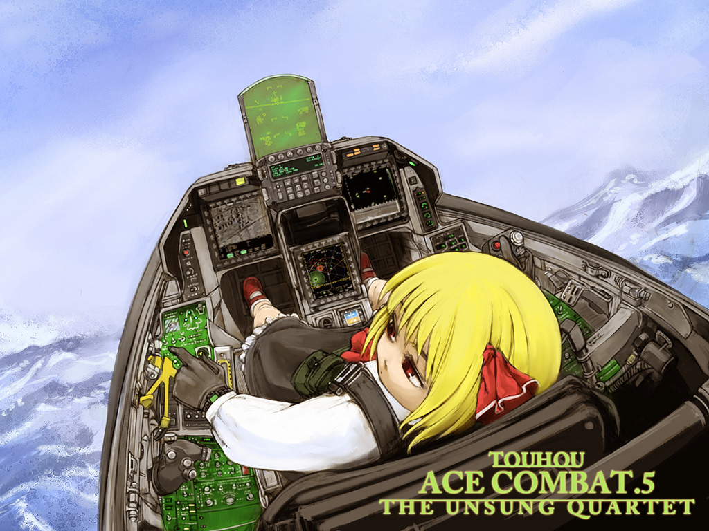 ace_combat_5, airplane, blonde_hair, cervus, cockpit, f-16, flying, glass_cockpit