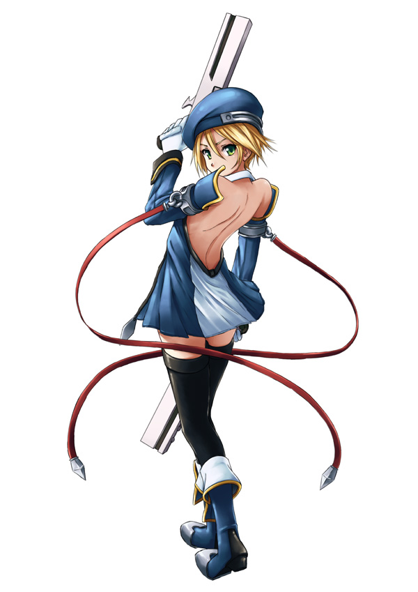 akimbo, beret, black_legwear, black_thighhighs, blazblue, blonde_hair, boots, detached_sleeves