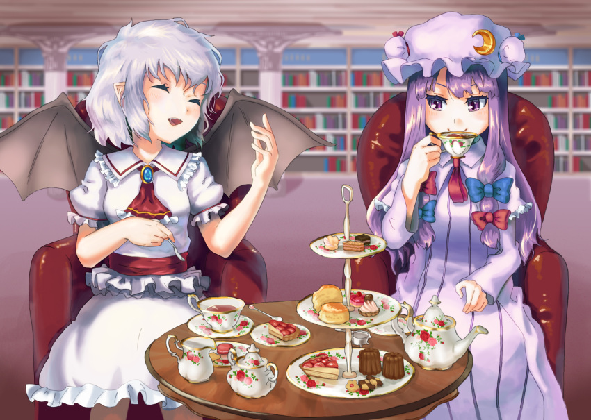 2girls, ascot, bat_wings, bookshelf, bow, capelet, closed_eyes, crescent