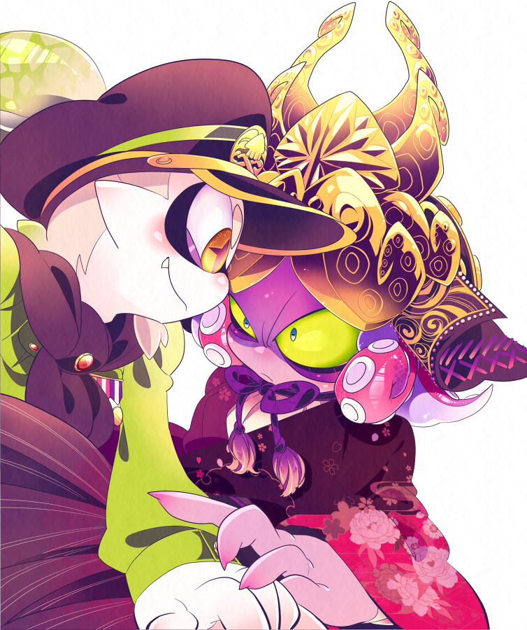 +_+, 2boys, armor, blush, commander_atarime, dj_takowasa, domino_mask, fang