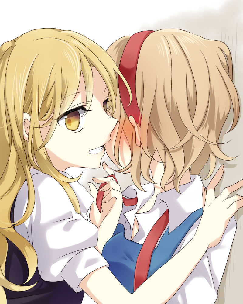 2girls, against_wall, alice_margatroid, black_dress, blonde_hair, blowing_in_ear, blue_dress, dress