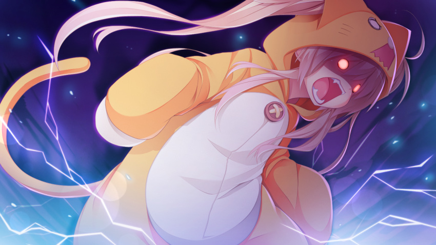 1girl, animal_costume, artist_request, blonde_hair, electricity, fangs, game_cg, koiseyo!!_imouto_banchou
