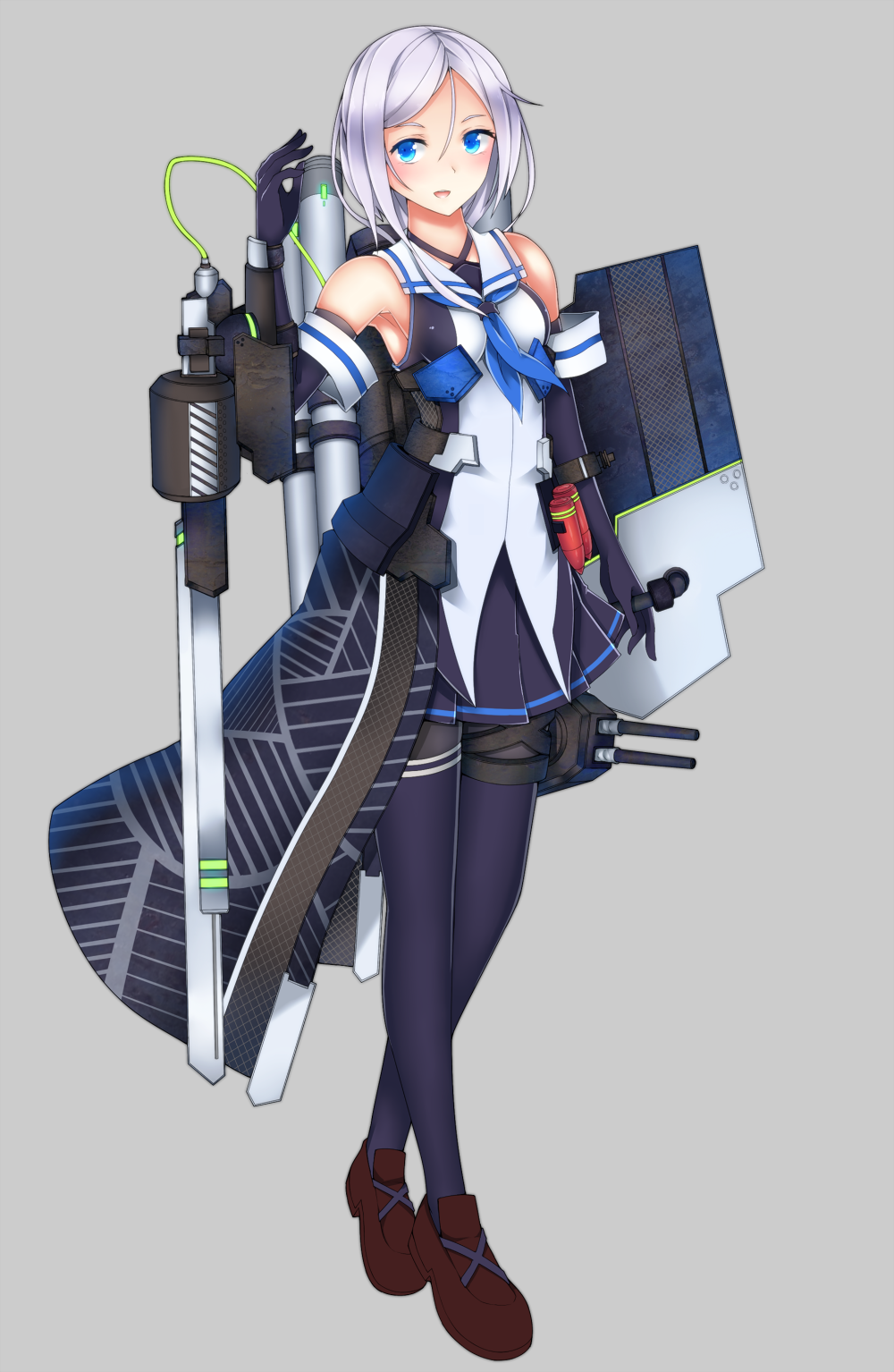 1girl, ammunition, ammunition_belt, bare_shoulders, black_gloves, blue_eyes, braid, breasts