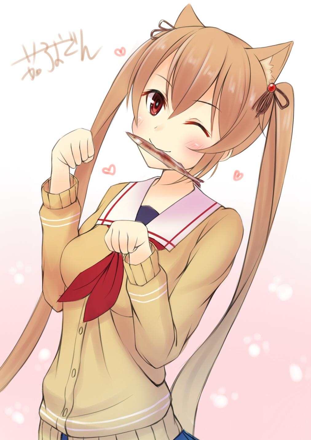 1girl, animal_ears, black_serafuku, black_skirt, brown_eyes, cardigan, cat_ears, fish_in_mouth
