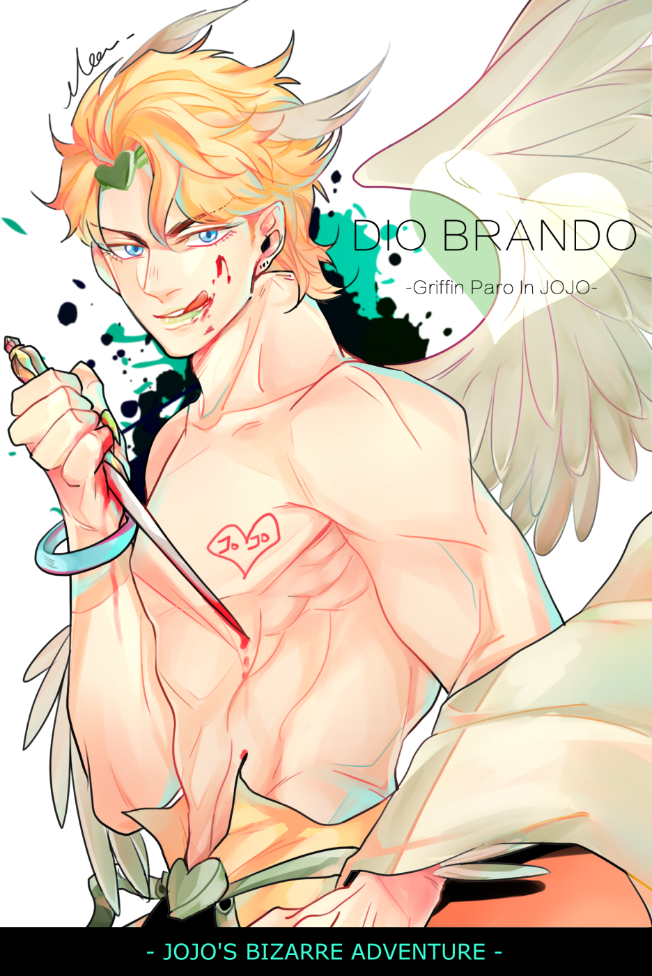 1boy, angel_wings, blood, bloody_knife, blue_eyes, dio_brando, feathers, head_wings