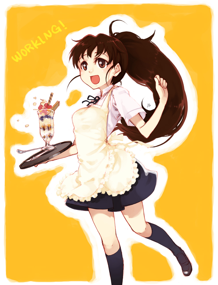 1girl, apron, brown_eyes, brown_hair, food, ice_cream, long_hair, mojirow, ponytail, skirt, smile, socks, solo, spoon, sundae, taneshima_popura, waitress, working!!