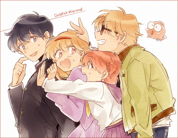 2boys, 2girls, aoi_(kingyo_chuuihou!), black_hair, blonde_hair, fish, fujinomiya_chitose, gyopi_(kingyo_chuuihou!)