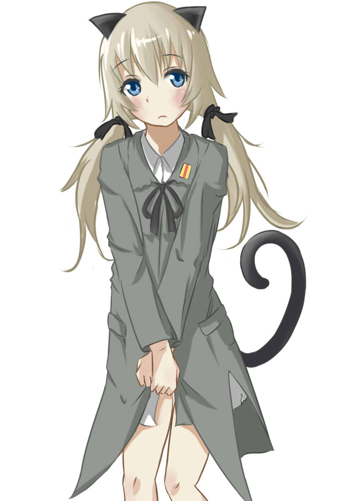 1girl, animal_ears, blonde_hair, blue_eyes, blush, cat_ears, cat_tail, cosplay