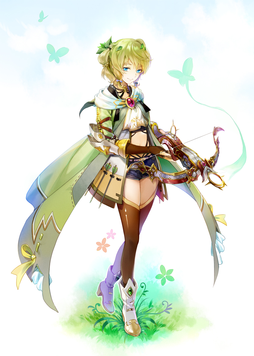 1girl, blonde_hair, blue_eyes, boots, bow_(weapon), brown_legwear, butterfly, crossbow