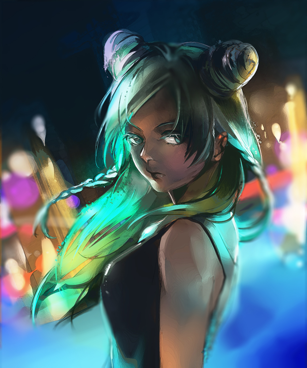 1girl, black_hair, double_bun, green_hair, hair_down, highres, jojo_no_kimyou_na_bouken, kuujou_jolyne