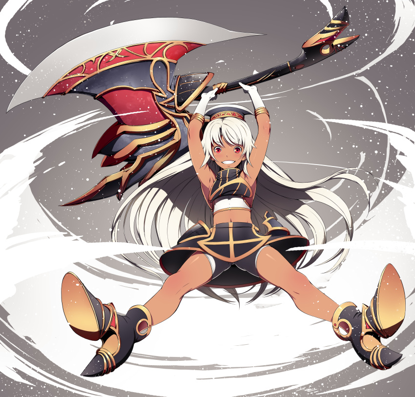 1girl, absurdres, battle_axe, boots, dark_skin, gloves, hat, highres, holding_above_head, kyousin, long_hair, looking_at_viewer, midriff, phantom_of_the_kill, red_eyes, smile, solo, very_long_hair, white_gloves, white_hair