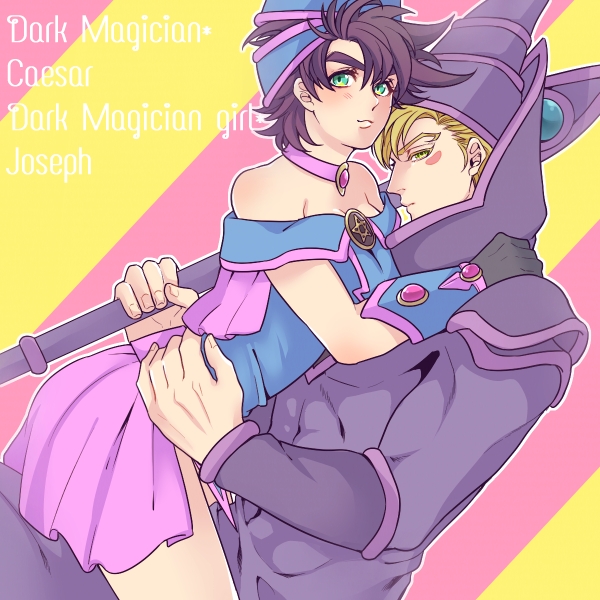 1boy, 1girl, blonde_hair, caesar_anthonio_zeppeli, company_connection, cosplay, dark_magician, dark_magician_(cosplay), dark_magician_girl, dark_magician_girl_(cosplay), facial_mark, genderswap, green_eyes, jojo_no_kimyou_na_bouken, joseph_joestar_(young), parody, purple_hair, shounen_jump, staff, youna000, yuu-gi-ou, yuu-gi-ou_duel_monsters
