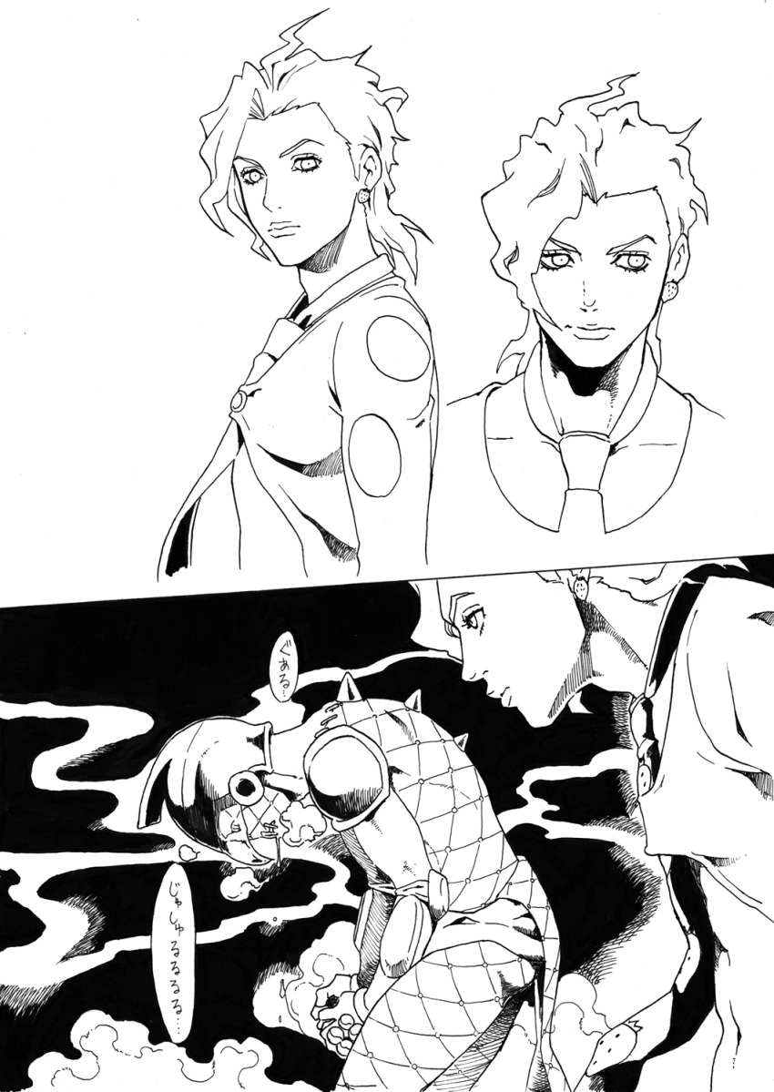 1boy, chounorin, highres, jojo_no_kimyou_na_bouken, monochrome, pannacotta_fugo, purple_haze_(stand), stand_(jojo)