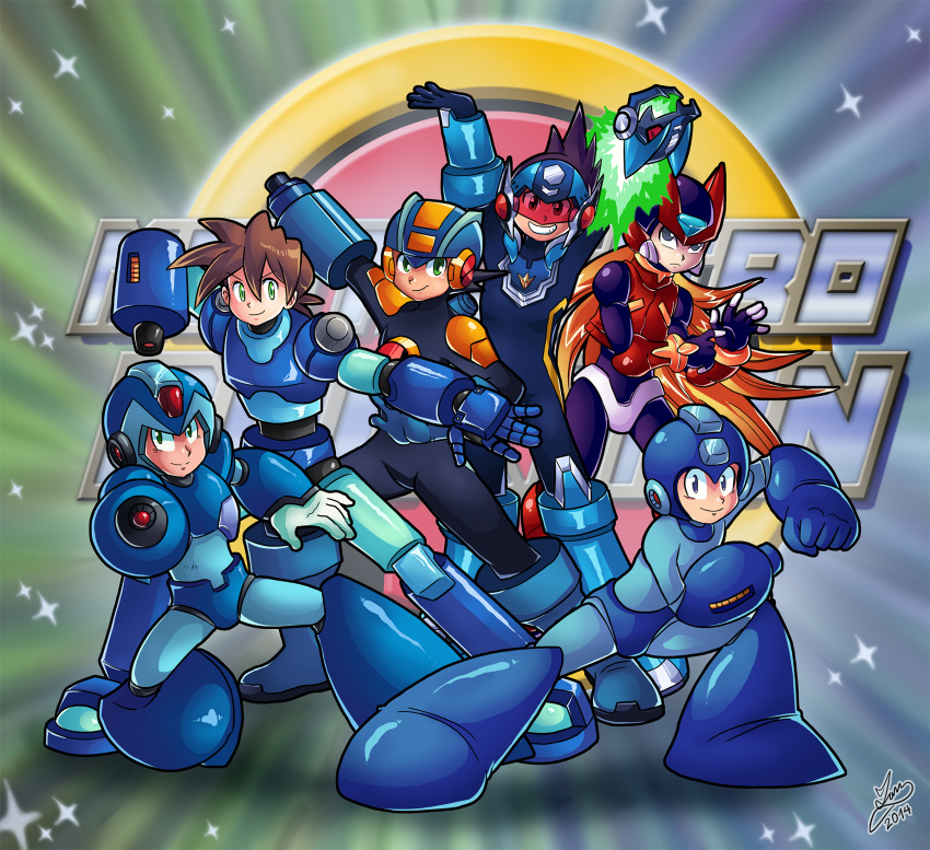 6+boys, arm_cannon, dark_yamatoman, helmet, highres, hoshikawa_subaru_(rockman), in-franchise_crossover, male, mega_man_(character), mega_man_(classic), mega_man_(series), mega_man_x_(series), mega_man_zero_(series), multiple_boys, multiple_persona, odd_one_out, parody, pose, ressha_sentai_toqger, robot, rock_volnutt, rockman, rockman_(character), rockman_(classic), rockman_dash, rockman_exe, rockman_exe_(character), rockman_x, rockman_zero, ryuusei_no_rockman, signature, sparkle, super_sentai, warrock, weapon, x_(mega_man), x_(rockman), zero_(mega_man), zero_(rockman)
