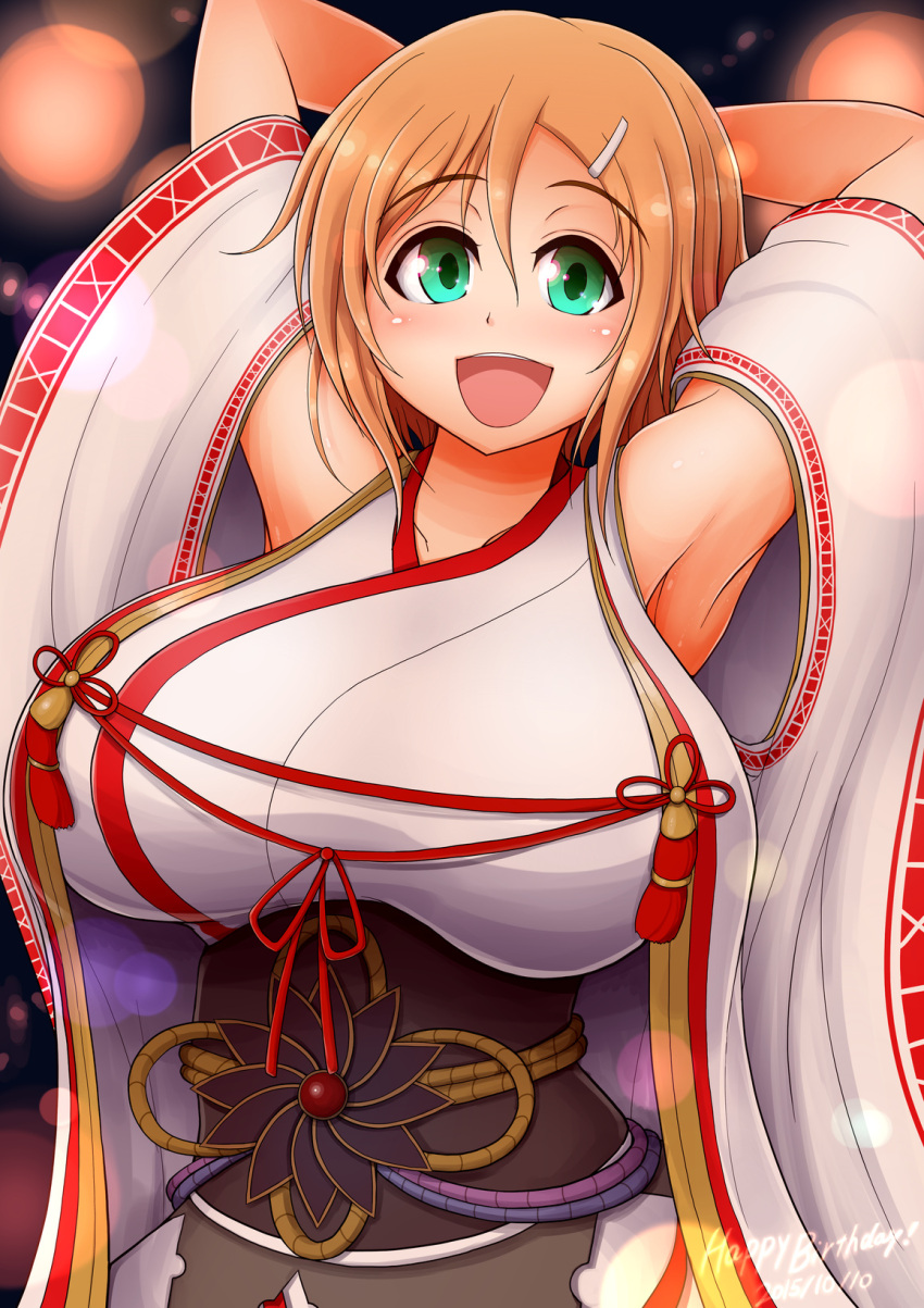 1girl, 2015, armpits, arms_up, breasts, brown_hair, dated, green_eyes